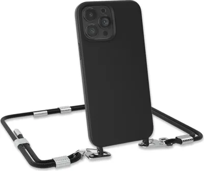 Produktbild von EAZY CASE Handykette Silikon mit Clips 2 in 1 kompatibel mit Apple iPhone 13 Pro Max Handyhülle mit Umhängeband, Handykordel mit Silikon, Hülle mit Band, Schwarz - Clips Silber