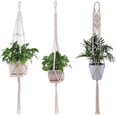 Produktbild von 3 Stück Makramee-Blumenampel – Boho-Dekoration aus Baumwollseil – Pflanzenampel für Innen- und Außenbereich – Balkondekoration – Hängepflanzen