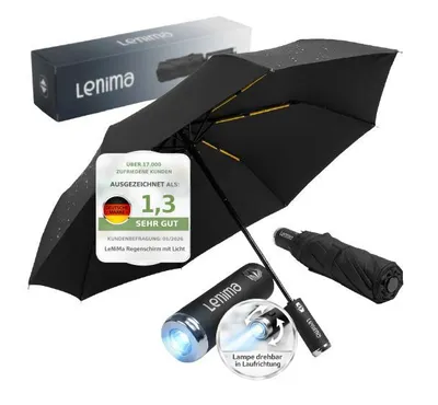 Produktbild von Regenschirm mit Licht, sturmfest-130 km/h - Taschenschirm mit Auf-Zu-Automatik, klein, leicht & kompakt, windsicher, stabil, Lampe in Laufrichtung