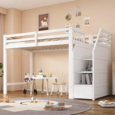 Immagine prodotto di Letto a soppalco 90 x 200 cm in legno di pino con rete a doghe, ringhiera, gradini con spazio contenitivo, EN747, bianco