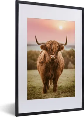 Produktbild von MuchoWow® MuchoWow® Gerahmtes Poster Sonnenuntergang - Tier - Schottisches Hochlandrind 40x60 cm - Poster mit zchwarzem Bilderrahmen - Poster in Rahmen