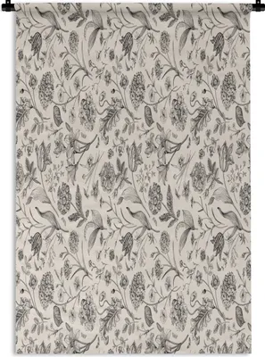 Produktbild von MuchoWow® Wandteppich Wandbehang Blumen - Schwarz - Weiß - Blätter 60x90 cm Tapisserie Dekoration Wandtuch - Foto-Teppich - Abwaschbar