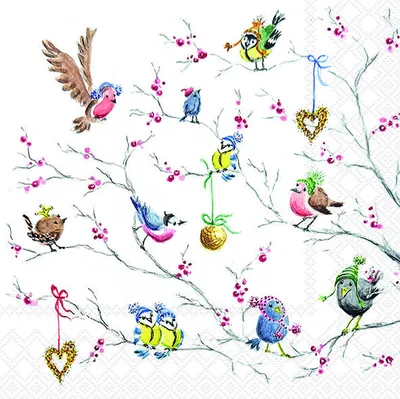 Produktbild von 20 Servietten Birds in Tree - Kleine Wintervögel mit Mützen 33x33cm
