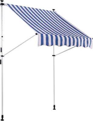 A striped awning supported by poles, set against a white background.