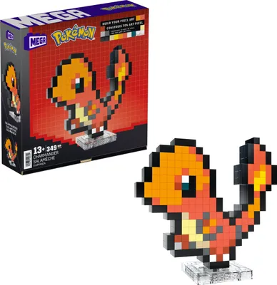 A product shot of a Mega Pokemon Charmander pixel art building set box and a separate Charmander pixel art figure.