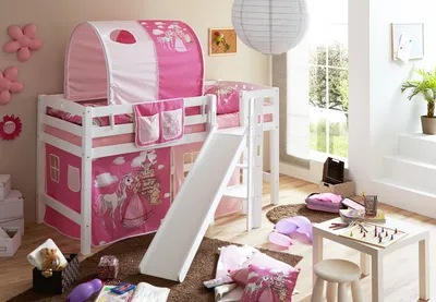 Produktbild von Podestbett mit Rutsche "Tino" Buche Weiß Motiv (Horse (Pink))