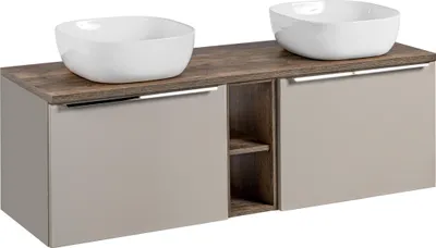 Produktbild von Moderner Badezimmerschrank 140 Cm Mit Arbeitsplatte Und 2 Aufsatzwaschbecken