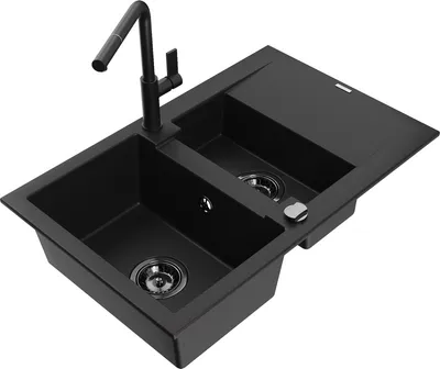 Produktbild von Mexen Gaspar 1,5-Becken-Granitspüle mit Abtropffläche und Mischbatterie Flora, Schwarz - 6507-77-670401-70-B