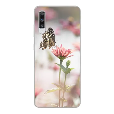 Produktbild von MuchoWow® Handyhülle Schutzhülle Hülle für Samsung Galaxy A70 Schmetterling - Blume - Rosa Silikon Softcase Handy Hülle - Schutzhaube