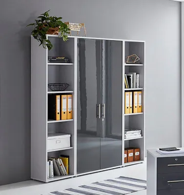 Immagine prodotto di BMG Möbel: parete a scaffali/armadi con serratura, set Office Edition 3, grigio/antracite lucido