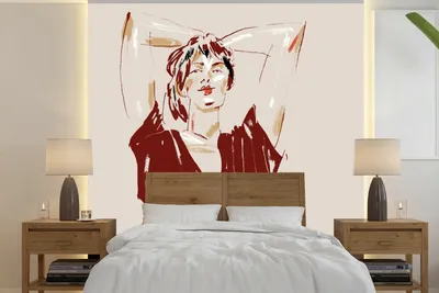 Produktbild von MuchoWow® Fototapete für Wohnzimmer oder Schlafzimmer Wandtapete Vinyl Motivtapete Porträt - Frau - Rot - Abstrakt - 300x300 cm - Wanddekoration