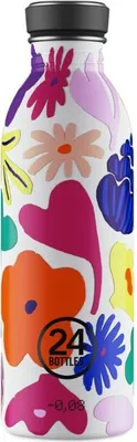 A product shot of a water bottle with a floral pattern.