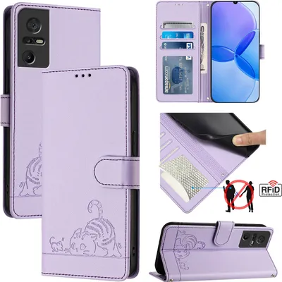 Produktbild von Leder Hülle für TCL 40 SE Süße Katze Flip Case Brieftasche Schutzhülle mit Standfunktion Lila