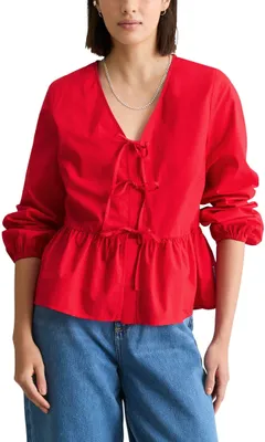 Productafbeelding van Marc O'Polo denim blouse voor dames, lange mouwen, met strik, relaxed fit, rood (kermesrood)