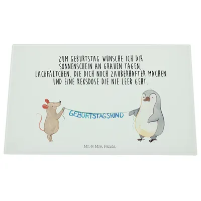Produktbild von Mr. & Mrs. Panda Glasschneidebrett Maus Pinguin Geburtstag - Weiß - Geschenk, Küchenbrett, Schneidplatte Glas, Schneidebrett Aus, schneidbrett, Happy Birthday, Party