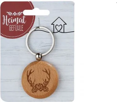 Produktbild von 1 Schlüsselanhänger " Geweih" aus Holz auf einer Geschenkkarte