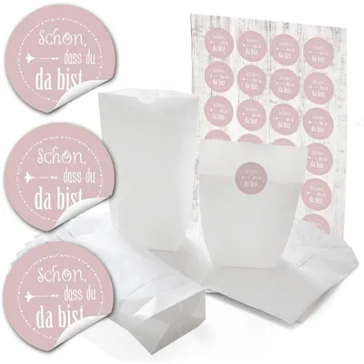 Produktbild von 24 kleine weiße Papiertüten mit Boden Papier-Beutel give-away Tüten 14 x 22 x 5,6 cm + 24 runde Aufkleber Sticker SCHÖN DASS DU DA BIST in grau mit rotem Herz zum liebenvollen VerpackenRosa