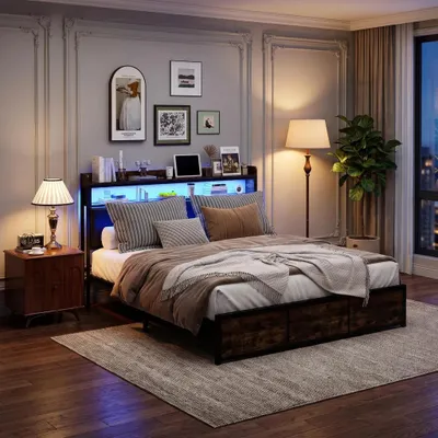 Produktbild von INONEFT Stauraumbett Polsterbett 140x200cm, Jugendbett Doppelbett mit LED und 4 Schubladen, Bett mit Stauraum, Bettgestell mit Lattenrost,Schwarz, PU