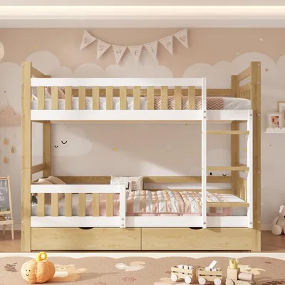 Produktbild von MODFU Etagenbett 90x200 in 2 Einzelbetten,Holz-Hochbett Jugendbett mit Leiter und 2 Schubladen,Kinderbett mit Rausfallschutz,ohne Matratze,Weiß+Natur