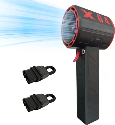 A black and red electric air duster with blue air streams emanating from it, shown with two black accessories.