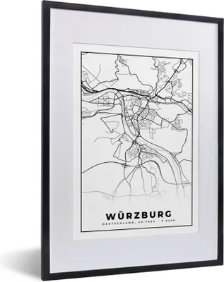 Produktbild von MuchoWow® Gerahmtes Poster Würzburg - Karte - Stadtplan - Wegbeschreibung 30x40 cm - Poster mit Schwarzem Bilderrahmen Wandposter Rahmen Foto Bilder - Wandposter Schlafzimmer