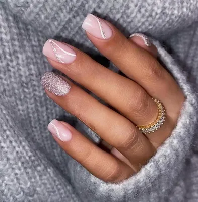 Image de 24 pcs Rose Glitter Ongles à coller Court Blanc Swirl Angulaire Press on Nails Pattern Ongles artificiels Glossy Femmes