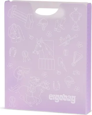 A purple folder box with a horse-themed pattern and a carrying handle.