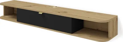 A wall-mounted TV cabinet with a wood-tone finish and a black drawer.