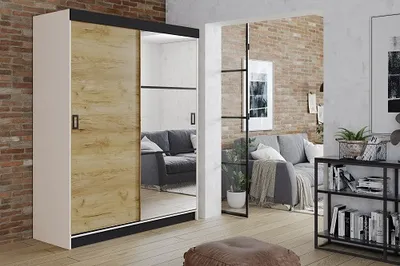 Produktbild von FurMeb24 Schiebetrenschrank RETRO 5-138x200cm Kleiderschrank mit Spiegel, 2-triger Schiebeschrank (Weiss / Eiche Craft Gold + Spiegel und schwarze Beschl€ge)