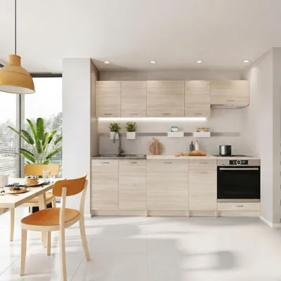 Obrázek produktu pro Kuchyňská linka 240 cm - s béžovou pracovní deskou - Dub Sonoma - sestava nábytku - 8 skříněk - moderní kuchyňský blok - MELA
