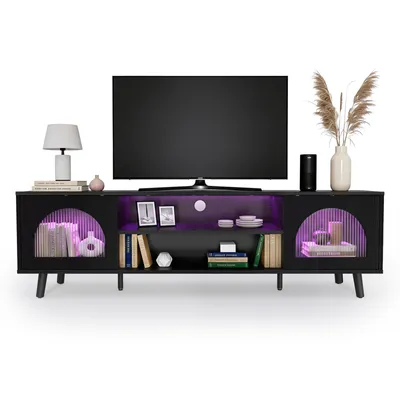 Image de Meuble TV avec éclairage RGB, double porte en verre, aggloméré texturé, noir, 160 × 35 × 47 cm