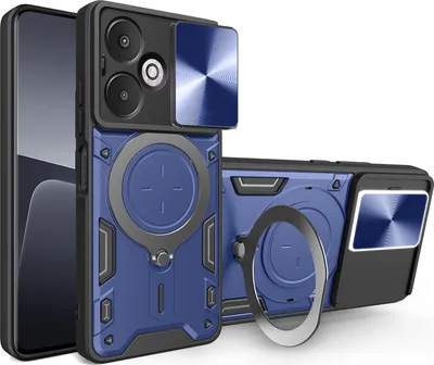 Produktbild von Handyhülle für Xiaomi Redmi 13C 5G Dual-Layer Stoßfest Rüstung Hülle mit Dia Kameraschutz und Kreisförmig Ring Ständer Blau