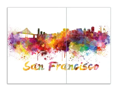 Produktbild von Wallario Herdabdeckplatte aus Glas, Größe 70 x 52 cm 2-teilig, Motiv Städte als Aquarell - Skyline von San Francisco