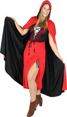 A woman wearing a Red Riding Hood costume, posing with a cape.