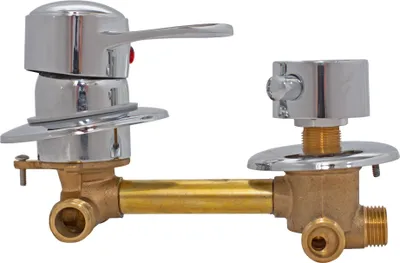 A chrome and brass faucet mixer with a single lever and a diverter knob, mounted on a white background.