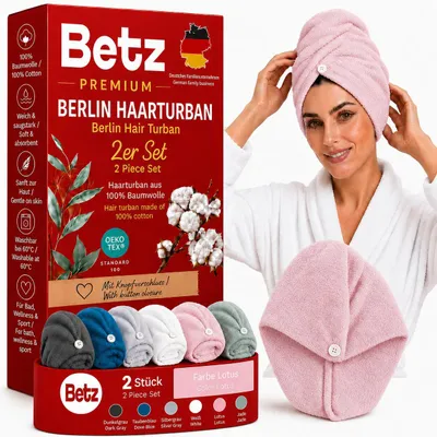 Produktbild von Betz Frottee Turban Berlin – 2er Set Haarturban aus 100% Baumwolle – Turban Handtuch mit Knopfverschluss – ideal für Bad & Wellness Farbe Lotus