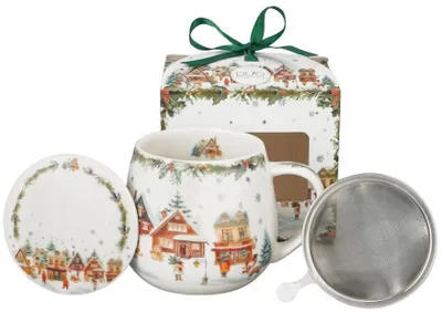 Productafbeelding van Porseleinen mok met theefilter, kerstdorp 3