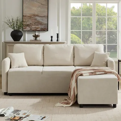 Productafbeelding van Okwish 3-zits hoekbank met 2 kussens, klassieke bank met hoogwaardig schuim, chenille, geschikt voor kleine appartementen, lichtbeige
