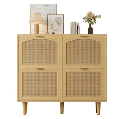 Produktbild von AIORBER Schuhschrank mit 4 Klappschubladen, schmaler Schuhkipper in Eiche-Optik mit Rattanfront, Metallgriffe, 100×25×90 cm Light Oak
