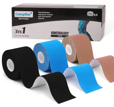 Produktbild von Kinesiotapes 3 Rollen 5cm x 5m Schwarz Blau Beige wasserfest elastisch Physio Sporttape