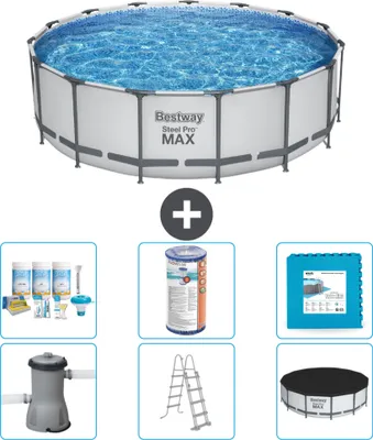 Produktbild von Bestway Round Steel Pro MAX Schwimmbad – 457 x 122 cm – Grau – inklusive Pumpe – Leiter – Abdeckung Wartungspaket - Filter - Bodenfliesen