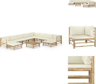 Produktbild von vidaXL 11-tlg. Garten-Lounge-Set mit Cremeweißen Kissen Bambus -  Gartenmöbel-Sets