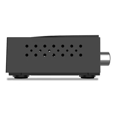 A side view of a black set-top box with ventilation holes and a silver connector on the right side, placed on a white background.