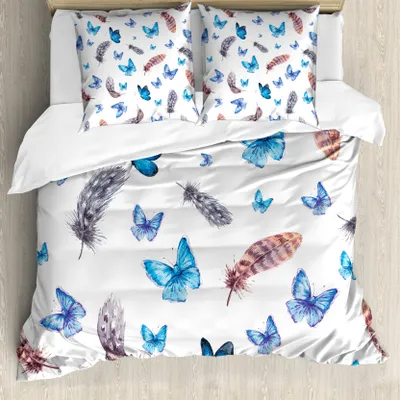 Produktbild von ABAKUHAUS Schmetterling Bettbezug, Federn und Schmetterling, Milbensicher Allergiker geeignet mit Kissenbezügen, 200 cm x 200 cm - 80 x 80 cm, Blau, Weiß, Grau