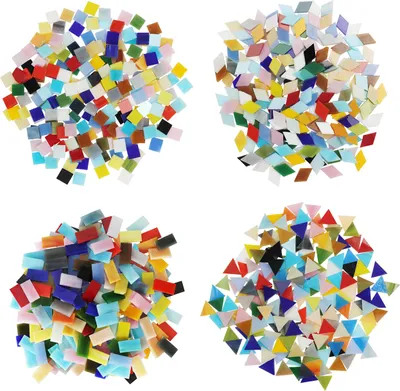 Produktbild von Belle Vous 525 Stk Bunte Glas Mosaiksteine zum Basteln in 4 Formen - Mit Rauten-, Quadrat-, Rechteck- und Dreieck- Mosaik Formen für Kunstwerk-, Deko-