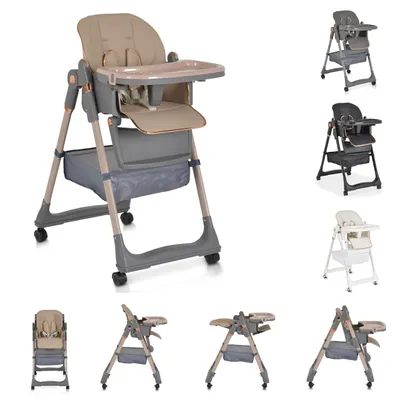 A collage of different high chairs in various colors and configurations, with a main image showing a beige high chair.