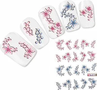 Produktbild von Nagel Sticker Tattoo Nail Art Blau Rosa Blumenzweige Aufkleber Neu!