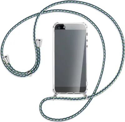 Produktbild von Handykette Backcover-Schutzhülle mit Band (Metall silberfarben) für Apple iPhone 5, 5S, SE - grün/blau/weiß