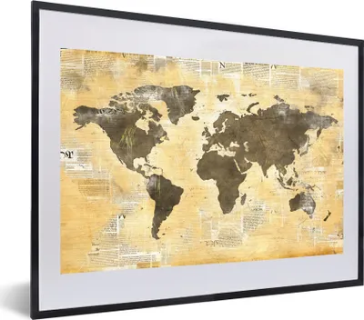 Produktbild von MuchoWow® MuchoWow® Gerahmtes Poster Weltkarte - Zeitung - Gold 60x40 cm - Poster mit zchwarzem Bilderrahmen - Schlafzimmer - Plakat in Rahmen - Drucken