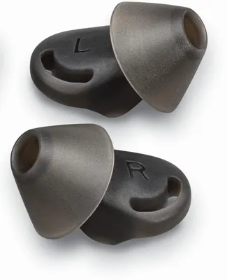 Two pairs of ear tips for headphones, one labeled 'L' and the other 'R'.